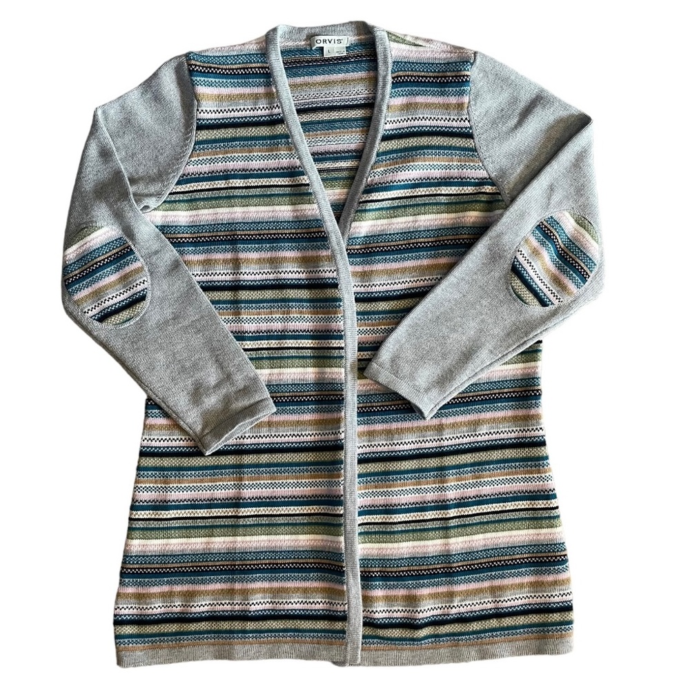 Orvis Fair Isle Open Front Patch Wool Cardigan - image 1